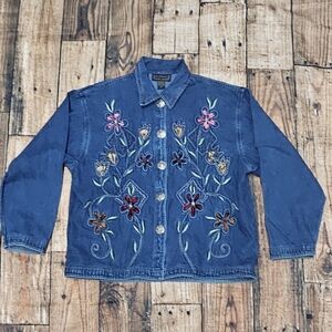New Direction Floral Embroidered Denim Jean Shirt Jacket  Women's XL Vintage
